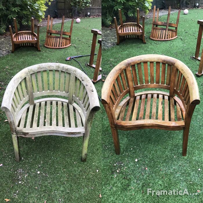 Before-and-after photos of wooden garden chairs, one weathered and grey, the other freshly restored wood.