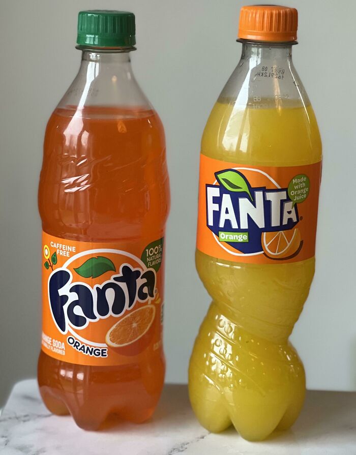 Before-and-after photos of two Fanta Orange soda bottles, showing a change in packaging and color.