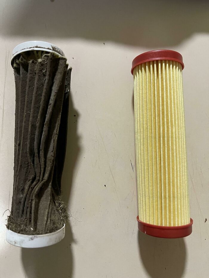 Before-and-after photo of a dirty air filter next to a clean, new air filter, showing how much things can change.
