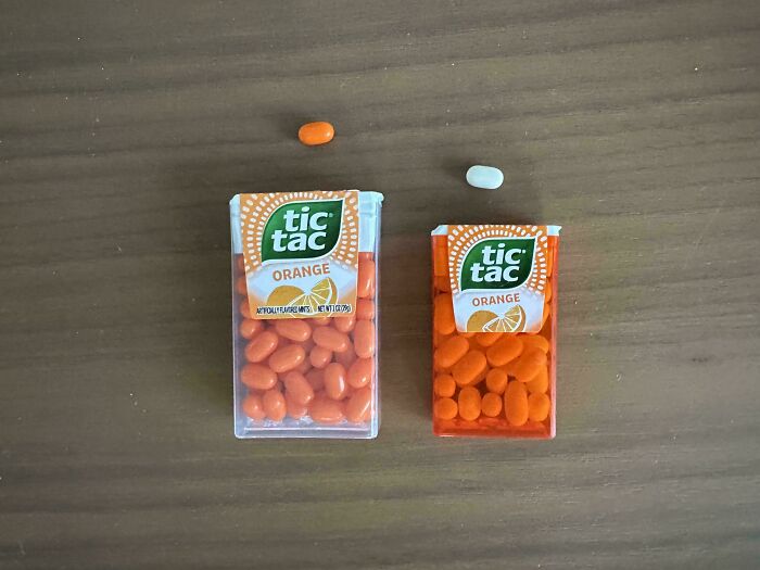 A before-and-after comparison of two Tic Tac orange candy containers, one filled and one nearly empty, illustrating how much things can change.