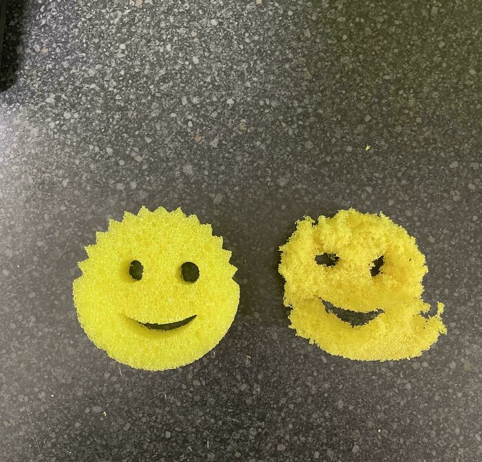 A before-and-after image of two yellow smiley-face sponges, one new and perfectly shaped, the other worn out and disheveled, showing how much things can change.