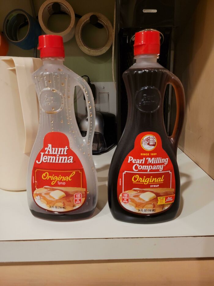 A before-and-after photo of two syrup bottles, one labeled Aunt Jemima and the other Pearl Milling Company, demonstrating how much things can change in branding.