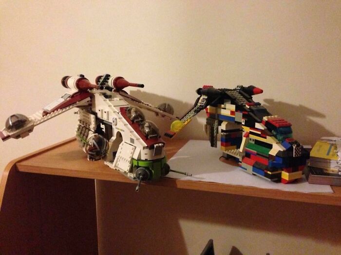 Before-and-after photos of a detailed Lego spaceship next to a rudimentary block version, highlighting change.