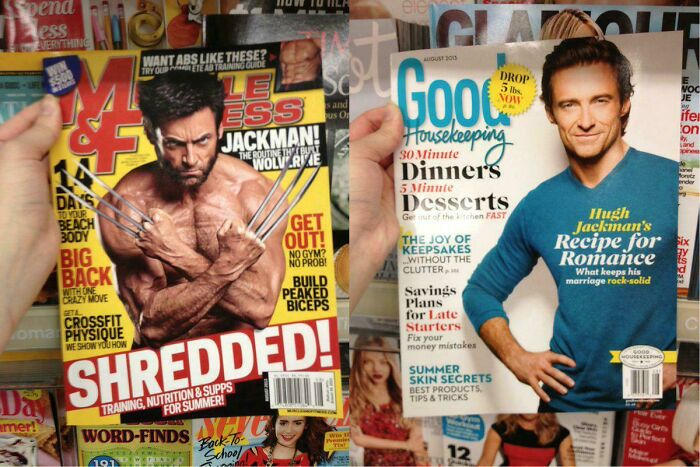 Before-and-after photos of Hugh Jackman on magazine covers, showing his physical transformation over time.