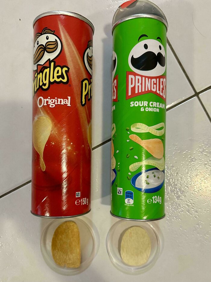 Before-and-after photo comparing the size and contents of two Pringles cans, showing how much things can change.