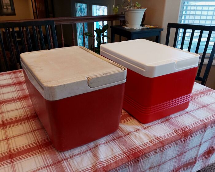 Before-and-after photo of two red coolers, one old and faded, the other new and vibrant, how things can change.