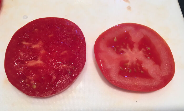 A before-and-after image of two tomato slices, one vibrant red and juicy, the other dull and slightly dried, showing how things can change.