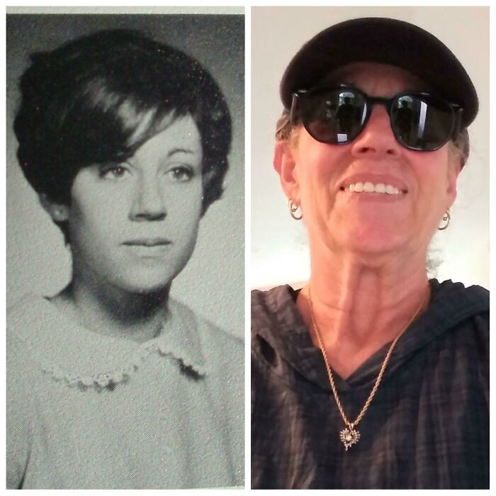 A before-and-after photo shows a woman's transformation from a black-and-white school picture to a modern-day selfie, showing how things can change.