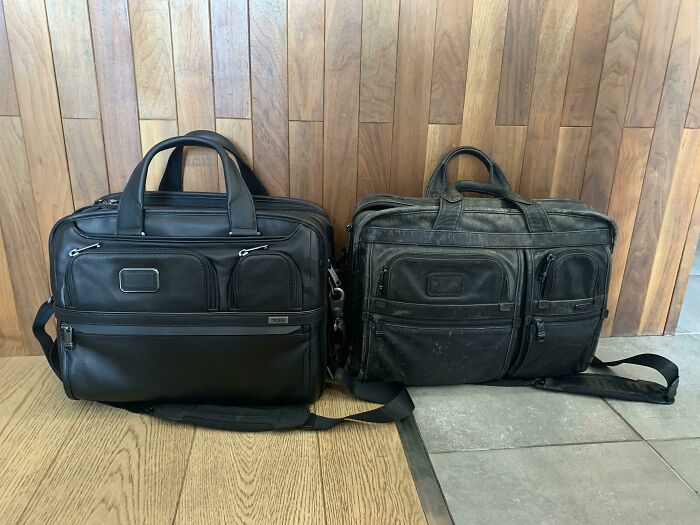 Before-and-after comparison of a new black leather briefcase and a well-worn one, showing how things change.