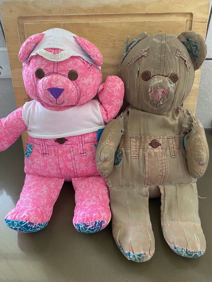 Before-and-after image of two teddy bears, one new pink and one old brown, showing how things can change.