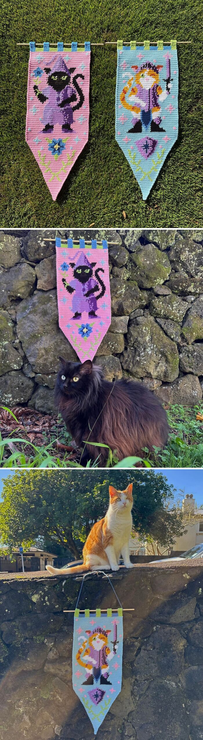 A black cat sits in front of a stone wall next to a crocheted banner with a cat wizard design, showcasing crochet enthusiasts skill.