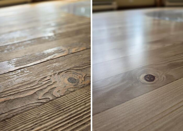 Before-and-after photo of wooden floorboards showing significant changes after restoration.