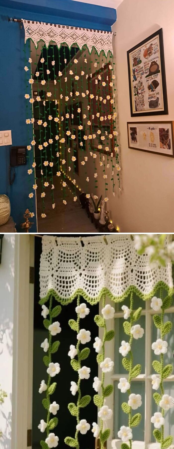 Handmade crochet enthusiasts' curtain with white flowers and green vines, adding incredible decor to a doorway.