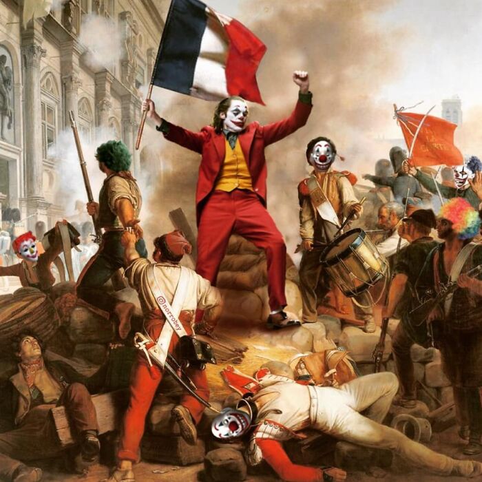 Digital artist blends famous movies with classical art, depicting the Joker as the leader in Liberty Leading the People, holding a French flag with other clowns fighting.