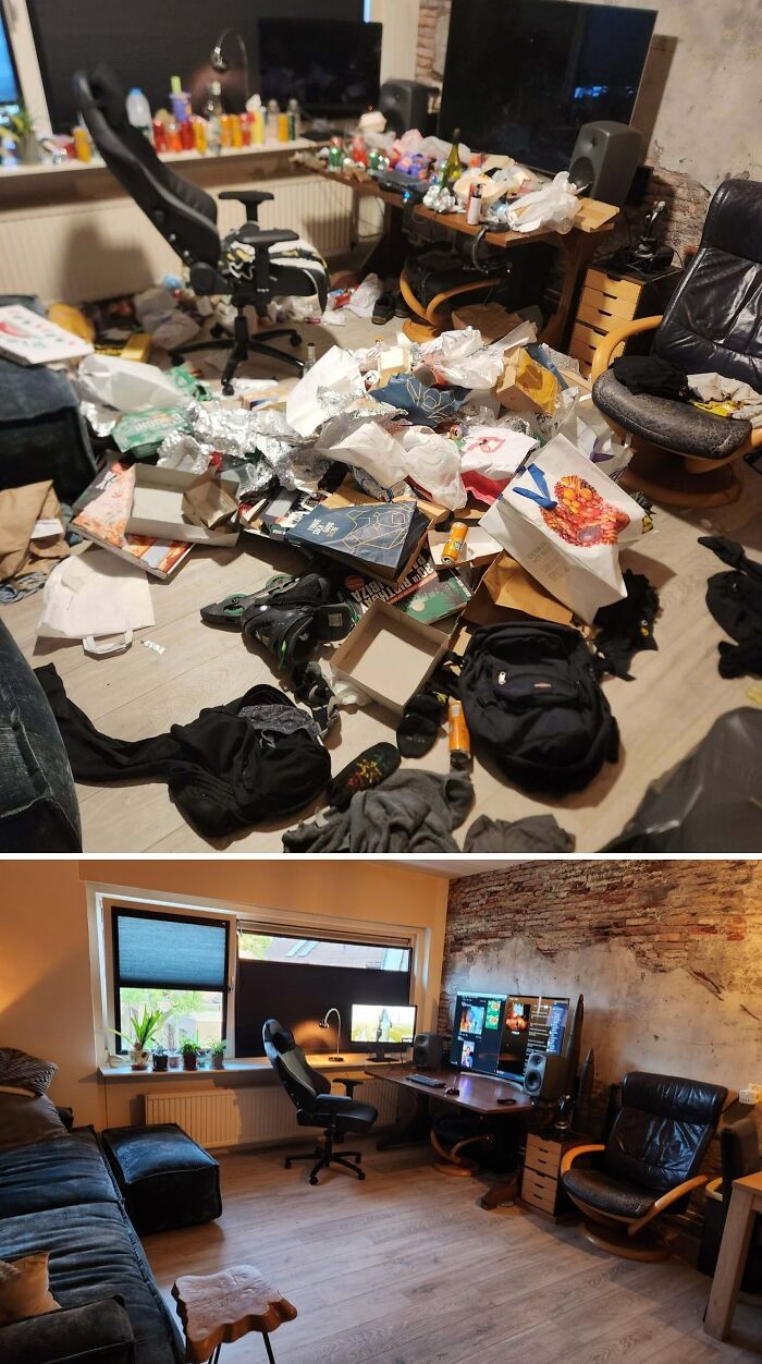 A before-and-after photo depicts a messy, cluttered room transformed into a clean, organized space, illustrating significant changes.