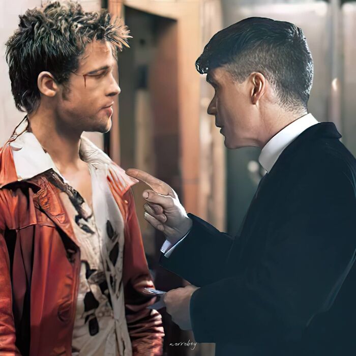 Digital artist blends famous movies with classical art, showing Brad Pitt and Cillian Murphy in a mashup.