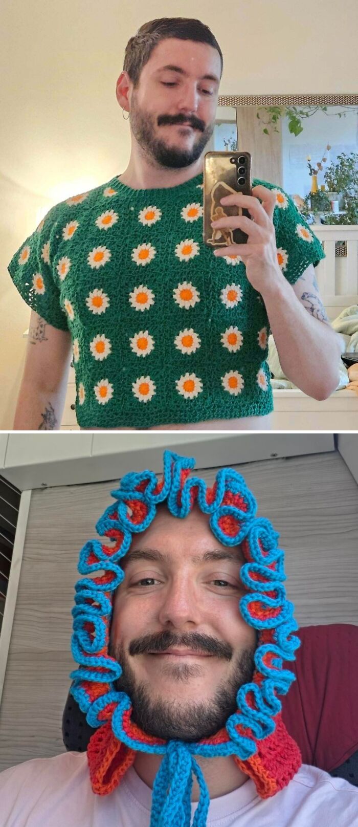 A man wearing a green crochet daisy shirt and a blue and orange crochet hat, showing incredible crochet enthusiasm.