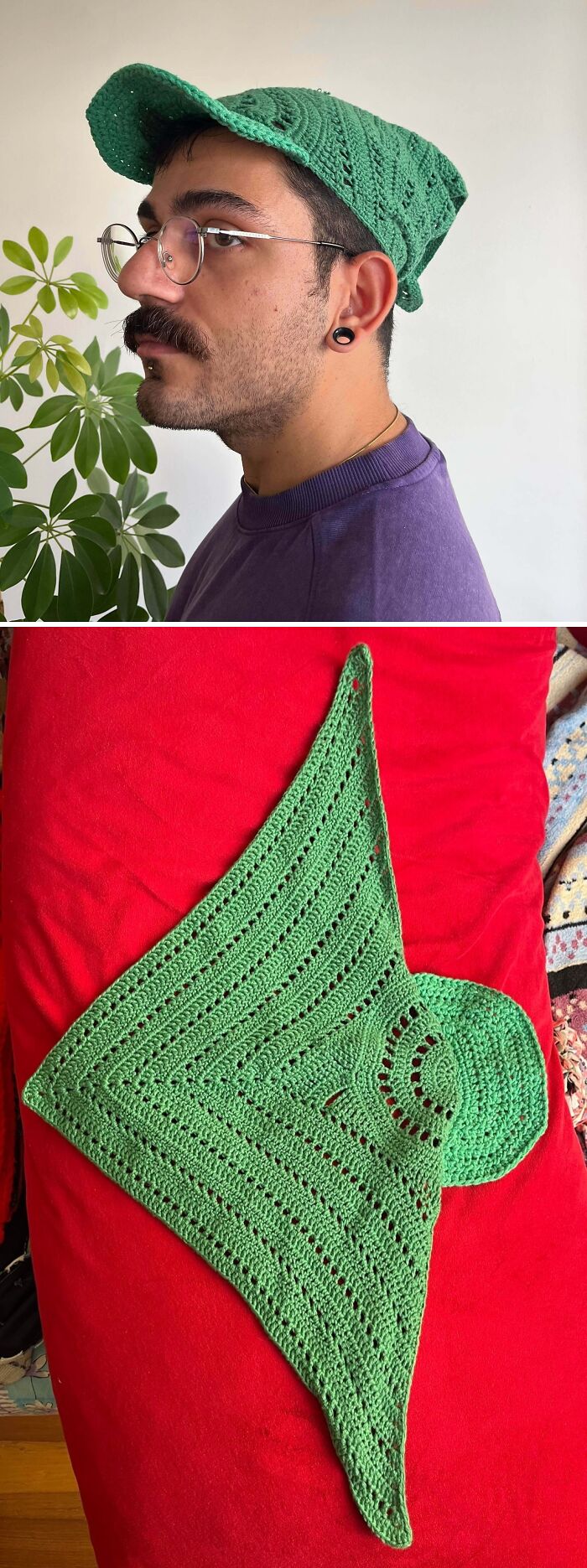 A man wearing a green crochet hat, showing the incredible crochet enthusiasm and craftsmanship.