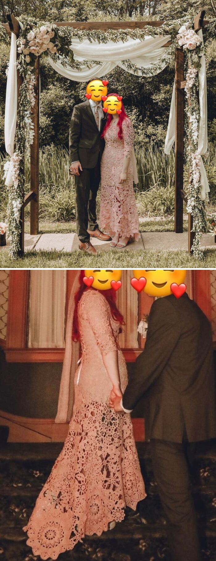 A newlywed couple with emojis covering their faces, the bride wearing a stunning, intricate crochet dress, showcasing incredible crochet craftsmanship.