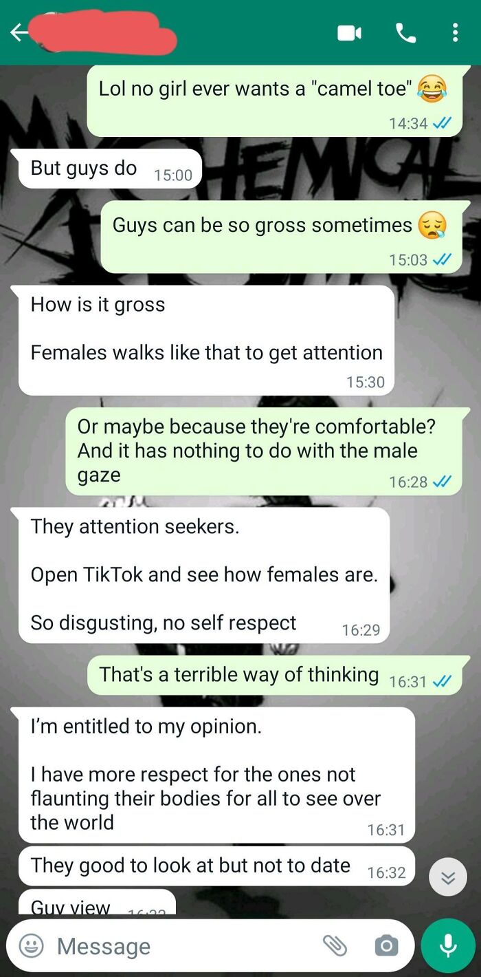 A chat with infuriating stories of entitled men discussing women's clothing and their entitlement to opinions.