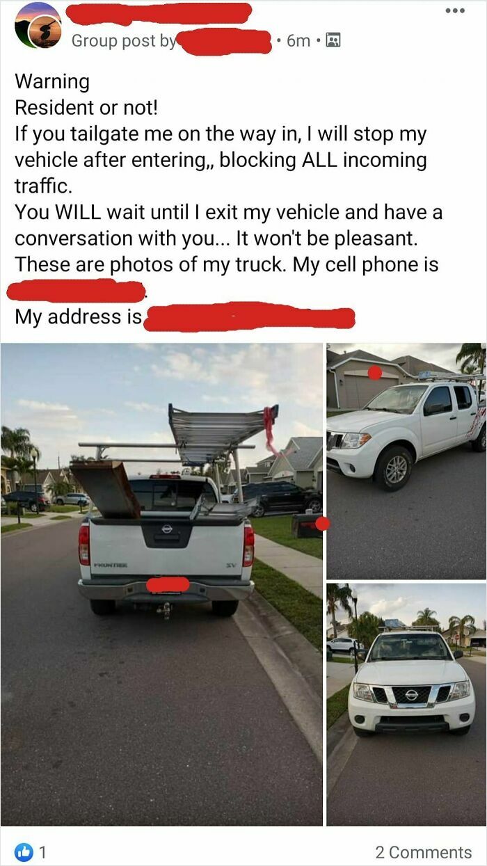 A screenshot of a social media post warning about entitled men who tailgate, threatening to block traffic and confront drivers.