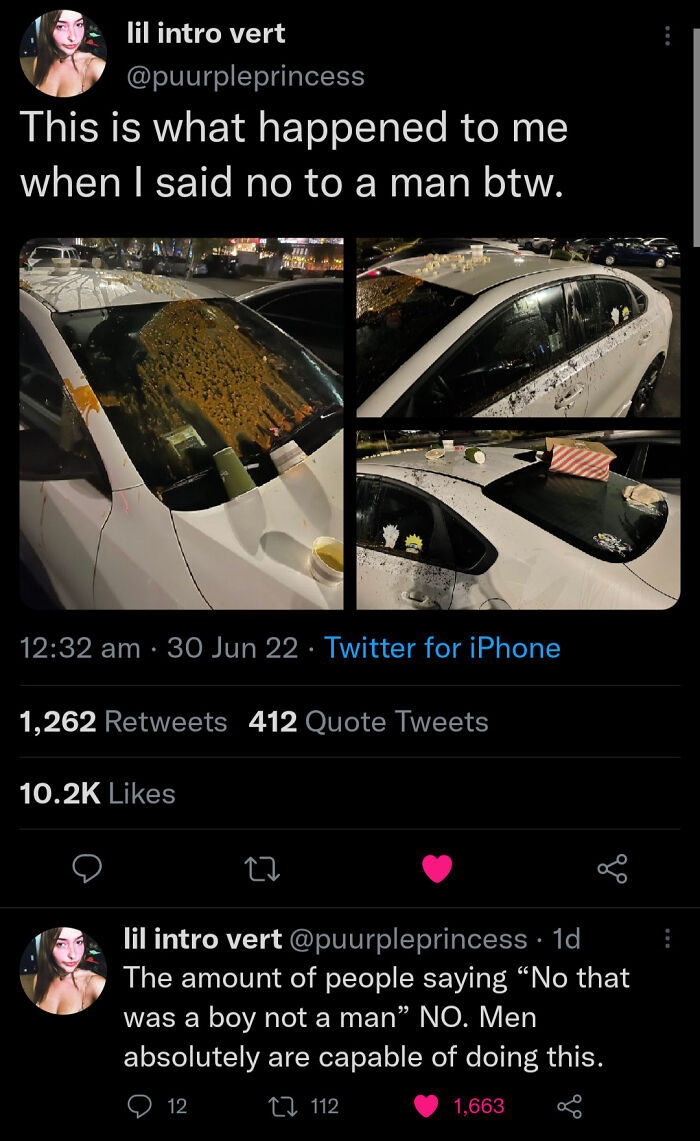 Tweet showing a car covered in food, illustrating an infuriating story of entitled men ignoring boundaries.