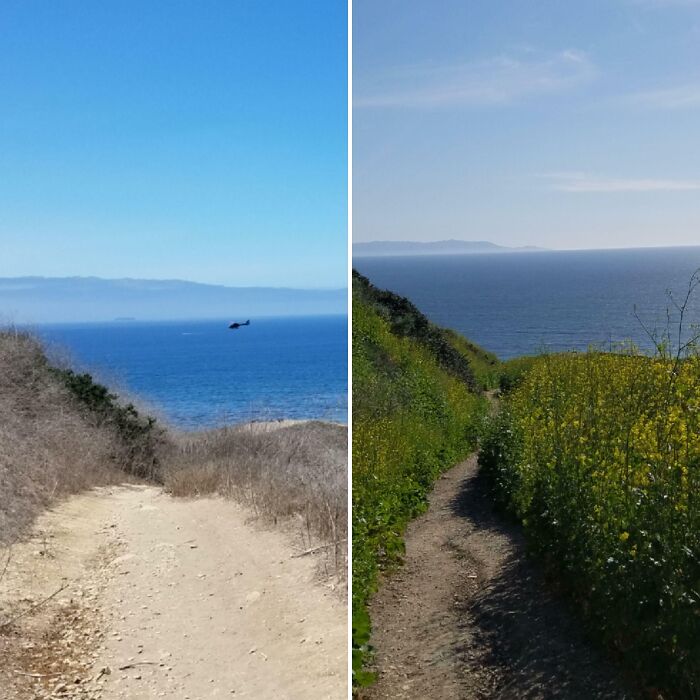 Before-and-after photo showing a scenic coastal path, highlighting how much things can change.