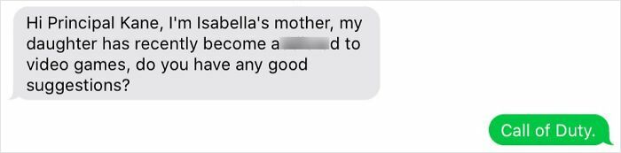 A wrong number text where a parent asks for video game suggestions, receiving a comical Call of Duty recommendation.