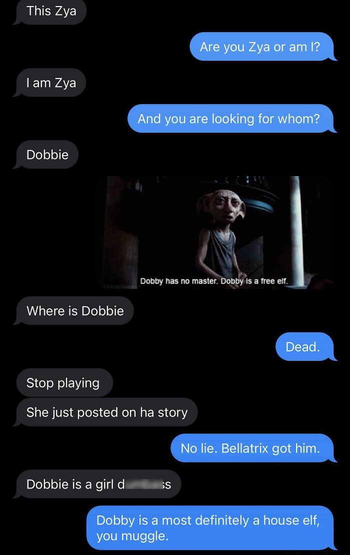 A screenshot of wrong number texts about Dobby the house elf from Harry Potter.