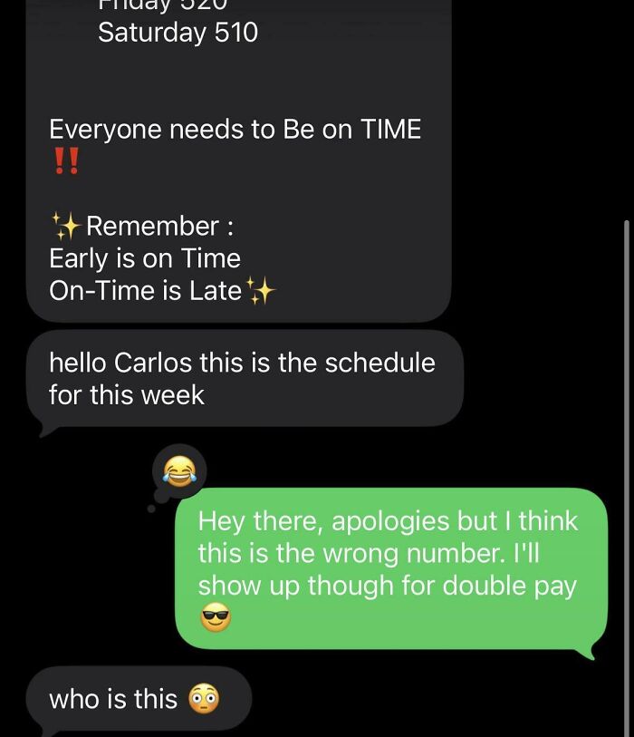 A screenshot showing a hilarious wrong number text conversation about a work schedule.