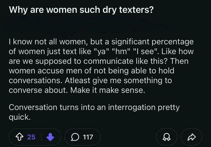 A Reddit post titled Why are women such dry texters?, discussing infuriating stories of entitled men.