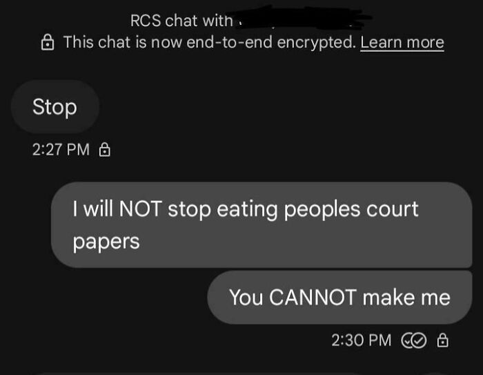 An unhinged text conversation with a wrong number, with one person claiming they will not stop eating court papers.