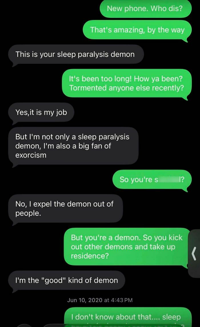 Screenshot of a wrong number text from a sleep paralysis demon, escalating into an unhinged conversation about exorcism.