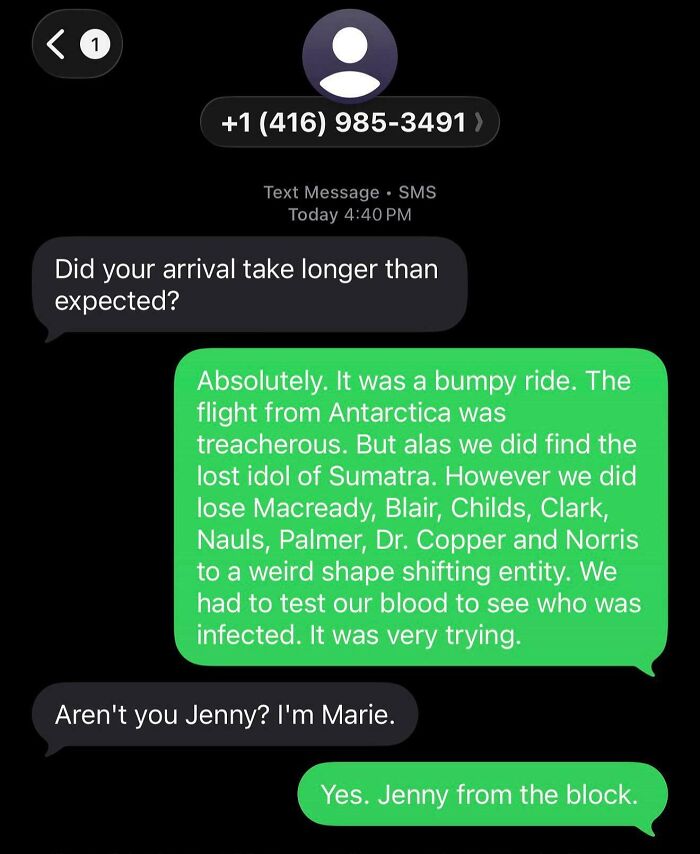 A funny wrong number text conversation where one person tells a detailed, fictional adventure story.