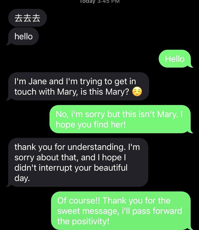 A screenshot of a polite wrong number text exchange between Jane and a stranger who isn't Mary.