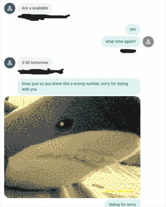 Screenshot of a wrong number text conversation, escalating into an unhinged conversation with a meme response.