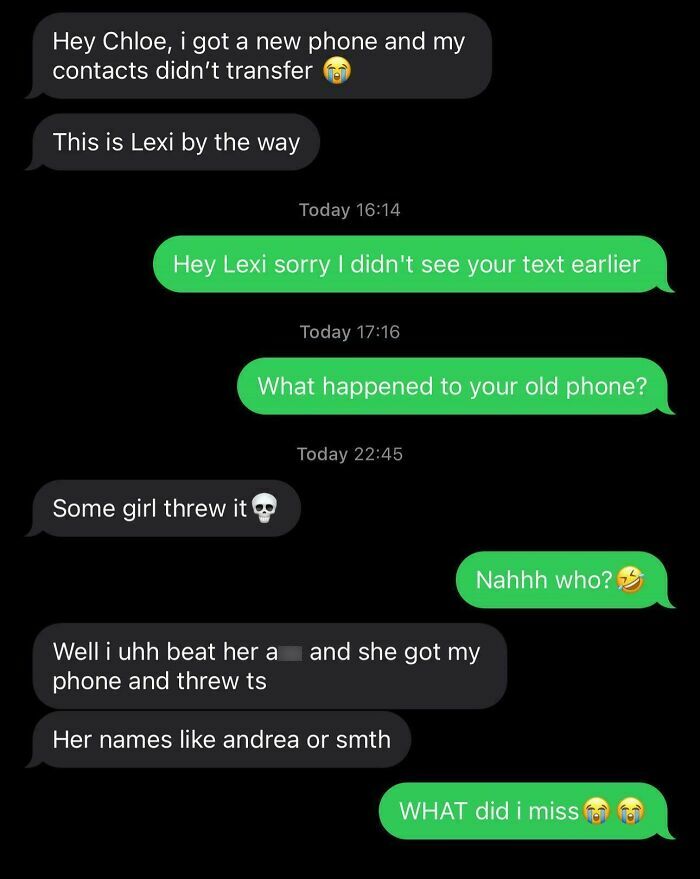 Screenshot of a wrong number text from Lexi to Chloe, escalating into an unhinged conversation about a thrown phone.