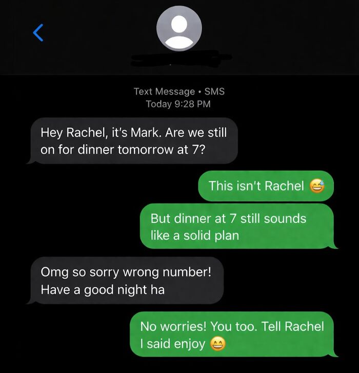 Screenshot of a wrong number text from Mark to Rachel, escalating into an unhinged conversation about dinner plans.