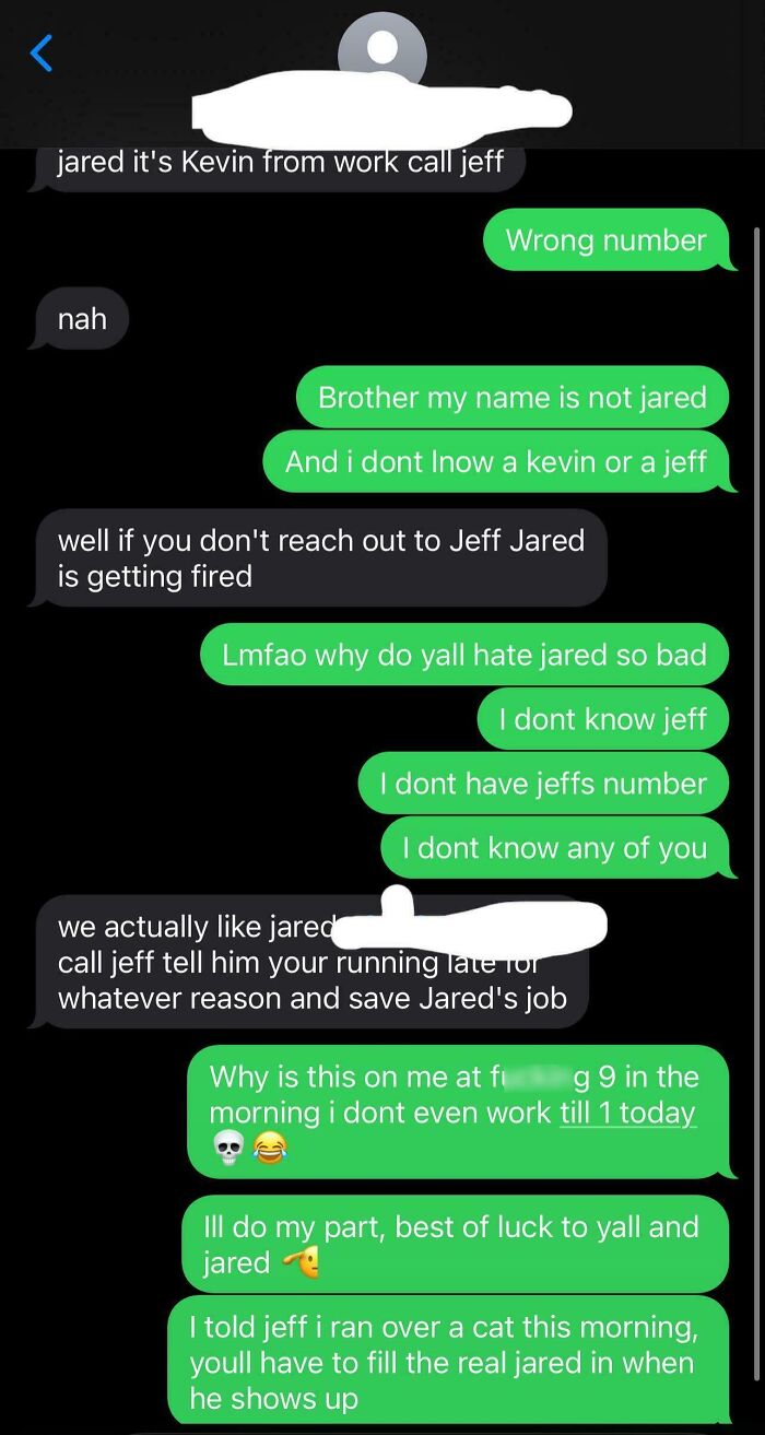A screenshot of a text message exchange showing wrong number texts that escalated into a request to save a job.