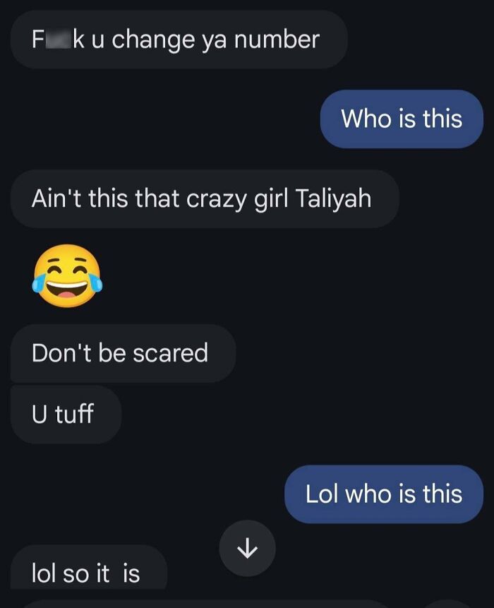 A series of unhinged wrong number texts, with one sender asking another to change their number.