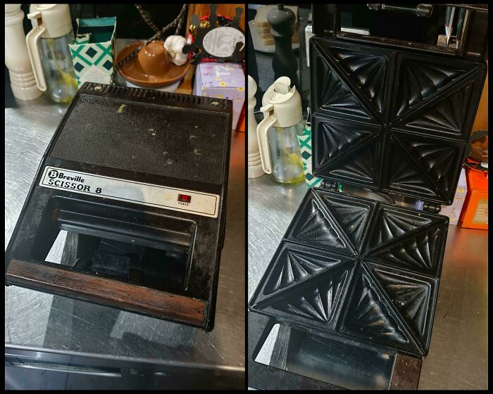 An old Breville Scissor 8 sandwich maker, a classic Aussie kitchen appliance, shown both closed and open.