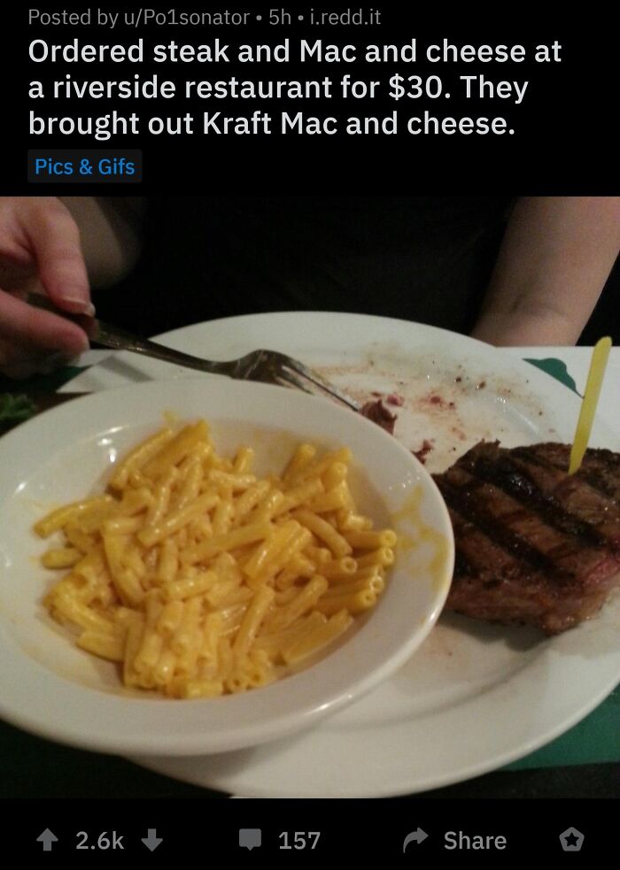 Image showing a plate with a steak and a bowl of Kraft Mac and cheese, representing entitled men and disappointing restaurant experiences.