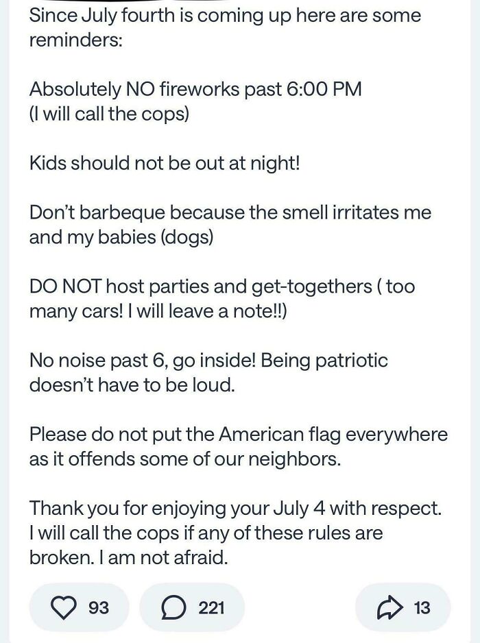 A screenshot from a neighborhood online community showing a humorous, overly strict July 4th reminder list.