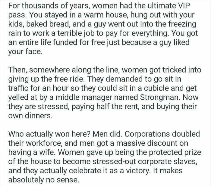 A text post discussing the historical perspective of women's roles, revealing entitled men's views on gender and boundaries.