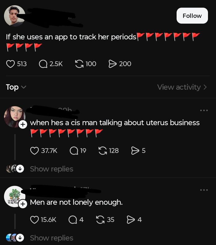 A screenshot of a social media post with red flags, highlighting entitled men and their opinions on women's bodies.