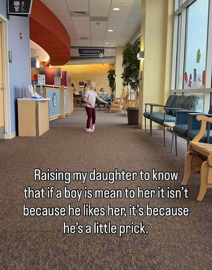 A girl stands in a waiting room, illustrating a story about entitled men and setting boundaries for daughters.