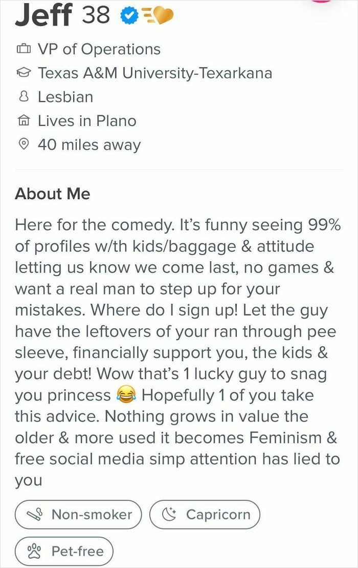 Entitled men dating app profile: Jeff's misogynistic dating profile detailing his preferences and views on women.