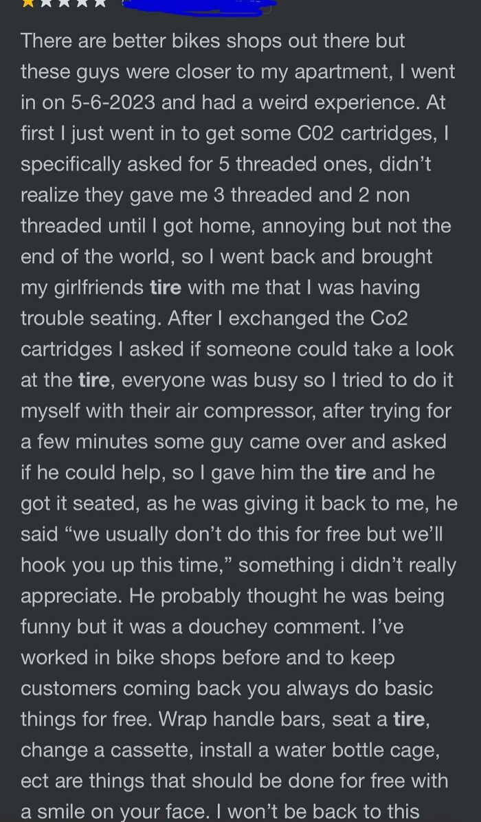 Entitled men bike shop experience: a customer review detailing frustrating service and entitlement from staff.