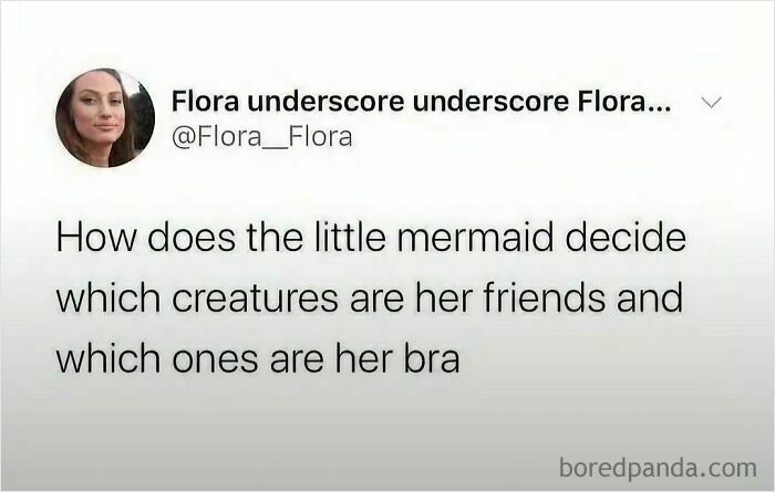 A funny tweet pondering how the Little Mermaid decides her friends, an unpredictable sentence.