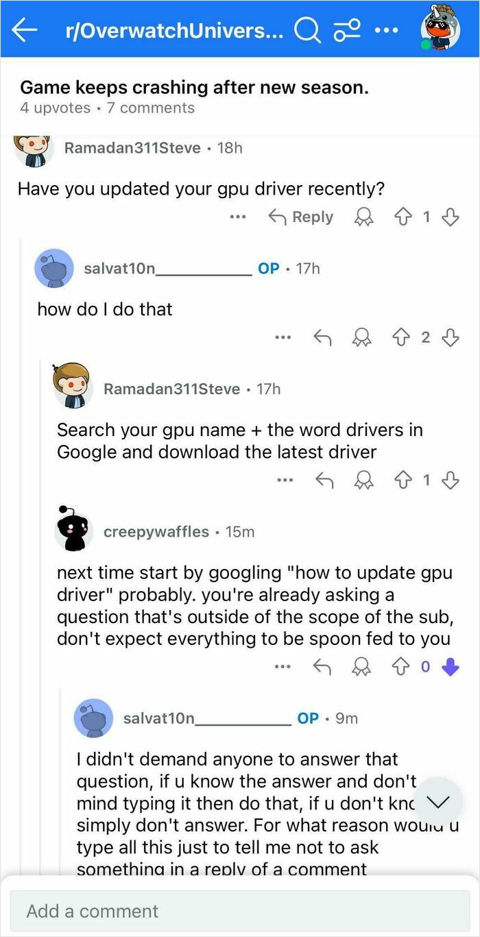 A Reddit thread discussing a game crashing, where an entitled man's comments showcase infuriating stories.